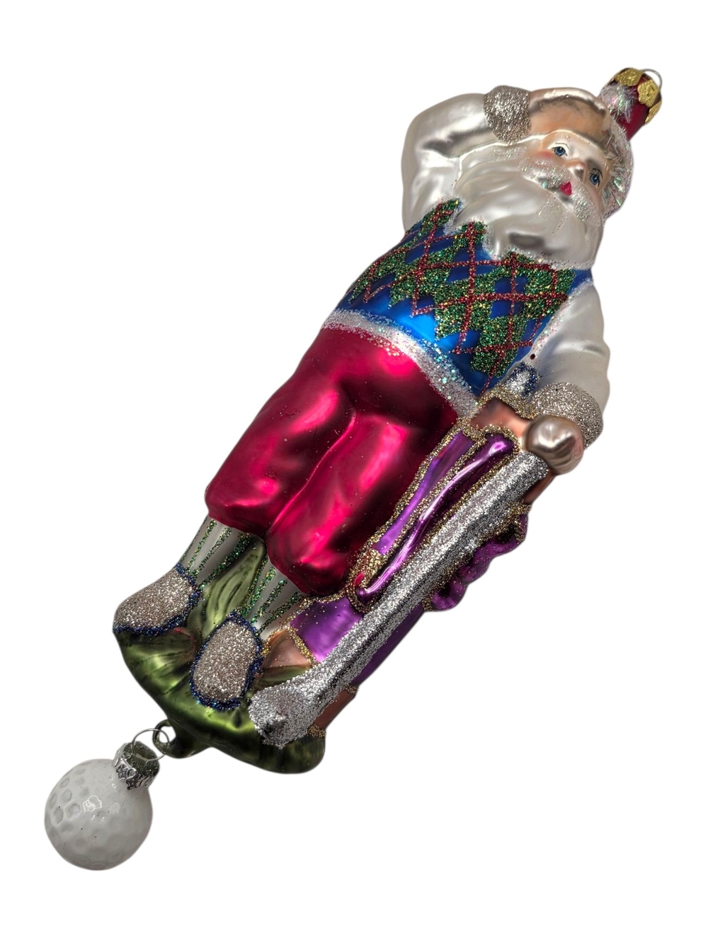 Vintage Golfer Santa Glass Christmas Ornament Golf Bag Dangle Ball Glitter 9"